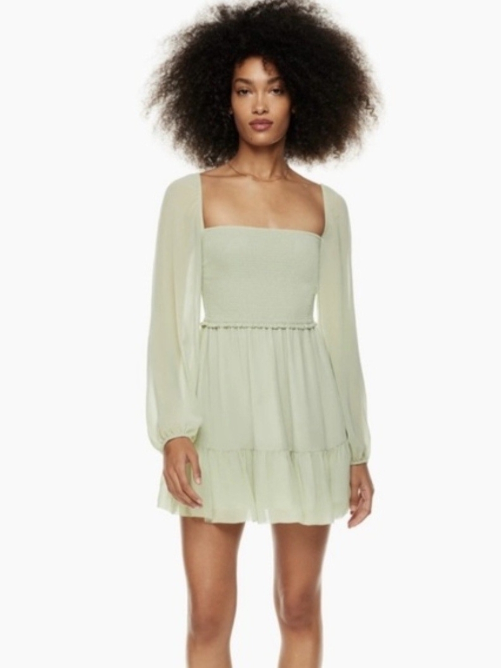 Wilfred Aritzia Tempest Mini Dress Light Green Sheer Sleeve Tiered M Romantic